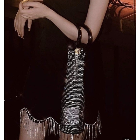 Handbags - Wine Bag Tote Rhinestone Sparkle Mesh Round Handle Black, Gift Bags, Party Bags